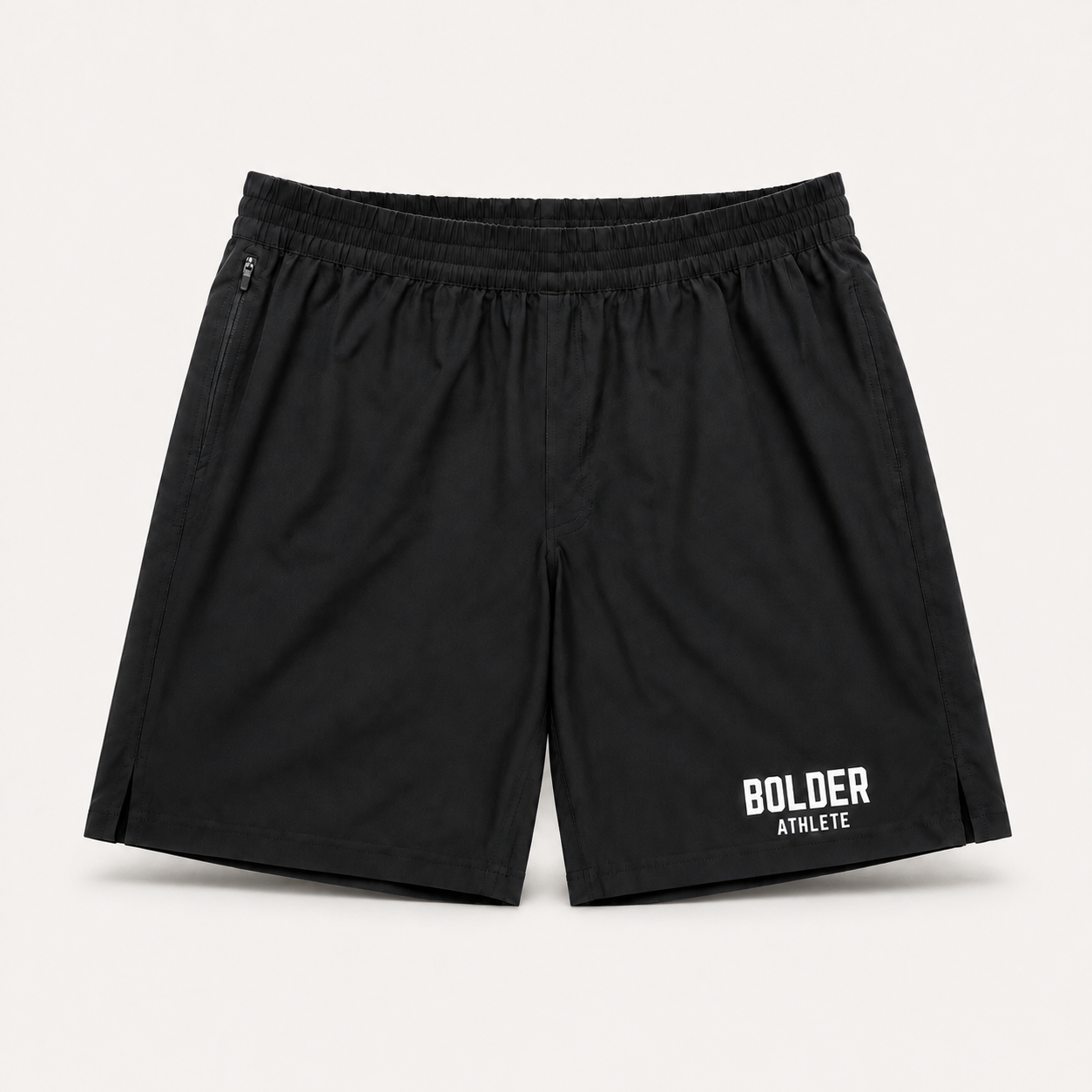 Black Bolder x Alpha Toro training shorts, front view on light studio background